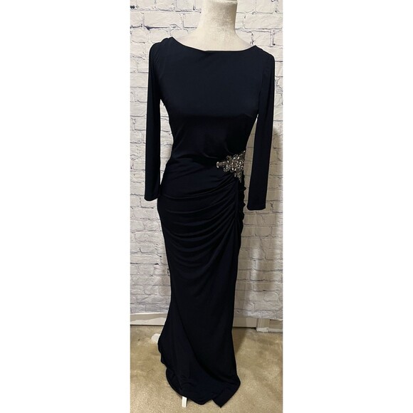 Eliza J Women's Navy Blue Formal Gown Long Sleeve Rhinestones Size Medium - Picture 1 of 8